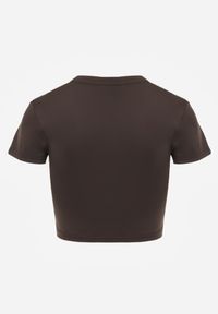 Renee - Brązowy Basicowy T-shirt w Stylu Cropped z Subtelnym Nadrukiem Loraera. Okazja: na co dzień. Kolor: brązowy. Materiał: jeans. Długość: krótkie. Wzór: nadruk. Styl: elegancki, sportowy, casual #7