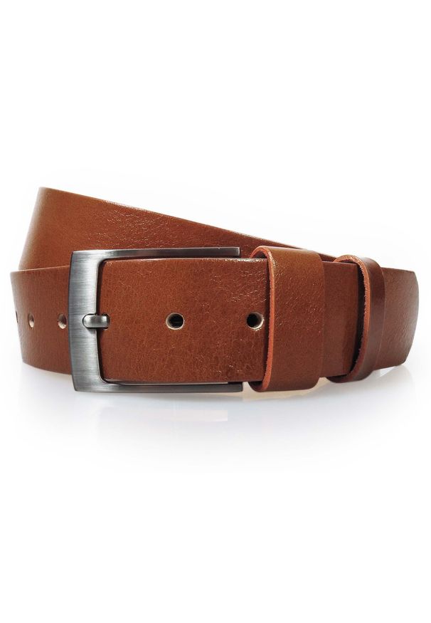 Jasnobrązowy pasek męski do jeansów KMG82. Kolor: brązowy. Materiał: jeans. Styl: elegancki, klasyczny