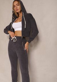 Renee - Ciemnoszary Komplet Dresowy z Bawełny Bluza z Kapturem i Spodnie Slim Inerisa. Kolor: szary. Materiał: dresówka, bawełna. Wzór: aplikacja #5