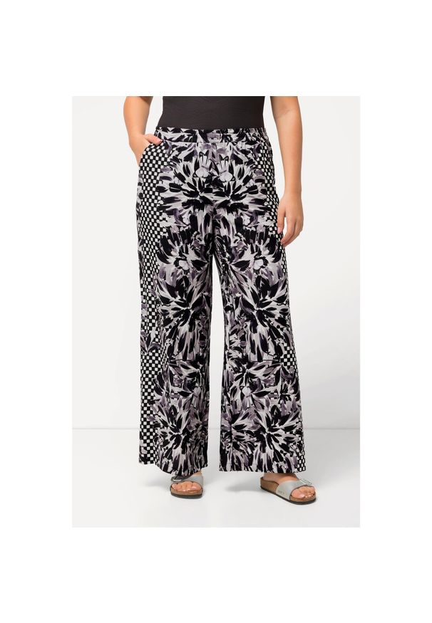 ULLA POPKEN - Damskie Spodnie palazzo szeroka nogawka roślinny nadruk elastyczny pas. Kolekcja: plus size. Kolor: czarny. Materiał: wiskoza, materiał. Wzór: nadruk