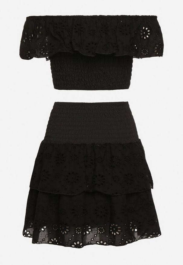 Born2be - Czarny 2-Częściowy Komplet Bawełniany Ażurowy Top w Stylu Hiszpanki Spódnica z Gumką Lavima. Kolor: czarny. Materiał: bawełna. Wzór: ażurowy