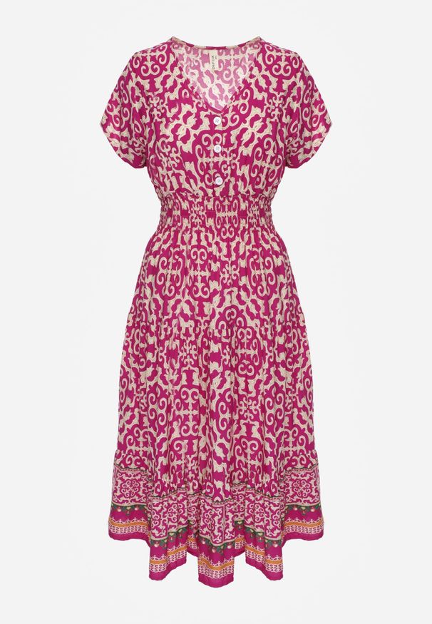 Renee - Fioletowa Sukienka z Bawełny z Trójkątnym Dekoltem i Gumką w Talii Zapinana na Guziki Lavlea. Okazja: na co dzień. Kolor: fioletowy. Materiał: bawełna. Długość rękawa: krótki rękaw. Sezon: lato. Typ sukienki: proste. Styl: wizytowy, casual