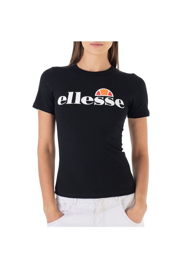Koszulka Ellesse Kittin SGK11399011 - czarna. Kolor: czarny. Materiał: materiał, bawełna. Długość rękawa: krótki rękaw. Długość: krótkie. Wzór: aplikacja