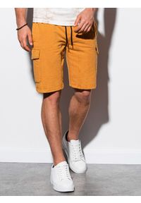 Ombre Clothing - Krótkie spodenki męskie dresowe W225 - żółte - XL. Kolor: żółty. Materiał: dresówka. Długość: krótkie. Wzór: aplikacja #1