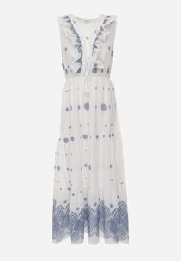 Renee - Biało-Niebieska Sukienka na Lato Boho z Bawełny w Haftowane Wzory z Falbanką Alemite. Typ kołnierza: kołnierz z falbankami. Kolor: niebieski. Materiał: bawełna. Wzór: haft. Sezon: lato. Typ sukienki: proste. Styl: boho. Długość: maxi #2