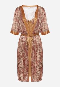 Renee - Brązowy Komplet Piżamowy ze Szlafrokiem i Elegancką Koszulą Nocną w Drobne Cętki Seraphim. Kolor: brązowy. Materiał: tkanina #4