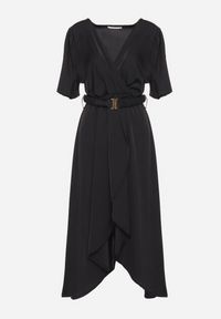 Born2be - Czarna Rozkloszowana Sukienka Kopertowa z Gumką w Talii i Ozdobnym Paskiem Vasena. Kolor: czarny. Typ sukienki: kopertowe. Styl: elegancki #6