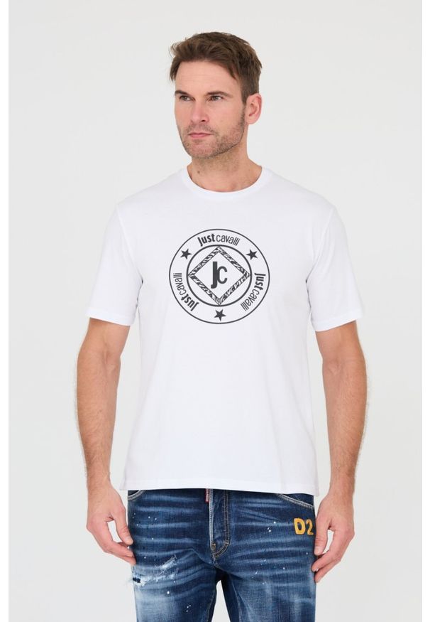 Just Cavalli - JUST CAVALLI Biały męski t-shirt Fiche, Rozmiar S. Kolor: biały