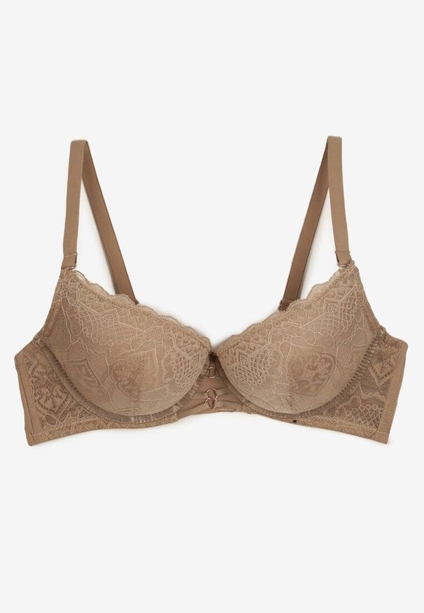 Born2be - Ciemnobeżowy Koronkowy Biustonosz Miseczka C Zapinany na Haftki Maileen. Kolor: beżowy. Materiał: koronka. Wzór: koronka