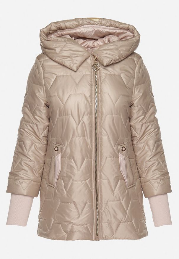 Born2be - Ciemnobeżowa Pikowana Kurtka z Kapturem i Rękawami ze Ściągaczami Melorisea. Okazja: na spotkanie biznesowe, do pracy, na spacer. Typ kołnierza: kaptur. Kolor: beżowy. Materiał: dzianina, jeans. Styl: biznesowy, elegancki