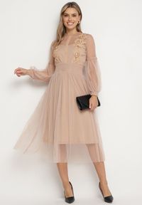 Born2be - Ciemnobeżowa Rozkloszowana Sukienka Tiulową z Koronką Llaudia. Kolor: beżowy. Materiał: tiul, koronka. Wzór: koronka #3
