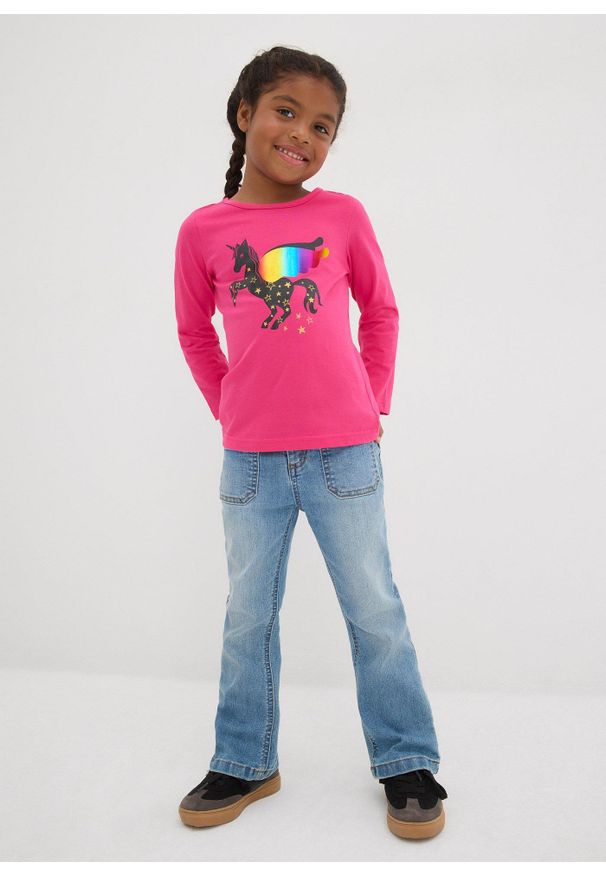 bonprix - Shirt dziewczęcy z długim rękawem (2 szt.), z bawełny organicznej. Kolor: niebieski. Materiał: bawełna. Długość rękawa: długi rękaw. Długość: długie. Wzór: nadruk