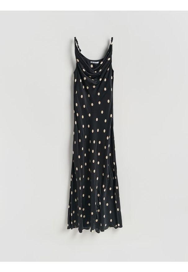 Reserved - Sukienka midi w groszki - czarny. Kolor: czarny. Materiał: wiskoza. Wzór: grochy. Typ sukienki: proste. Długość: midi