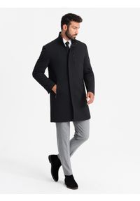 Ombre Clothing - Dopasowany strukturalny męski płaszcz z wysokim kołnierzem – czarny V1. Okazja: na co dzień. Kolor: czarny. Materiał: materiał, syntetyk, poliester, tkanina. Długość: długie. Wzór: jednolity, aplikacja. Styl: elegancki, casual