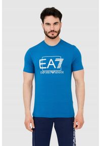EA7 Emporio Armani - EA7 Niebieski męski t-shirt z dużym logo. Kolor: niebieski
