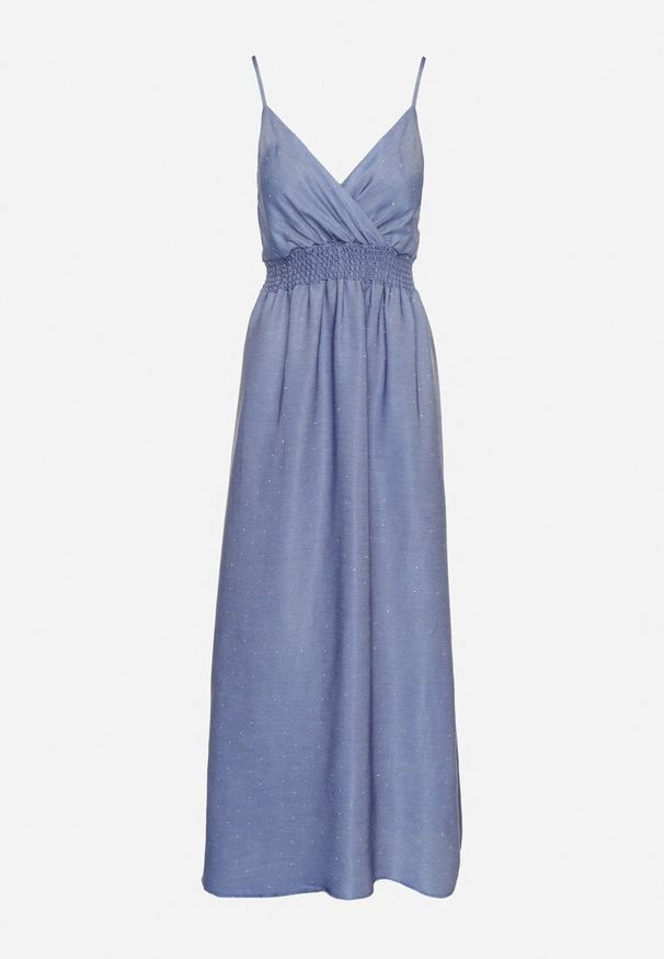 Born2be - Niebieska Kopertowa Sukienka na Ramiączkach z Wiskozy Zdobiona Cyrkoniami Ararielle. Okazja: na imprezę, na co dzień, na spacer. Typ kołnierza: dekolt w kształcie V. Kolor: niebieski. Materiał: wiskoza. Długość rękawa: na ramiączkach. Wzór: aplikacja. Typ sukienki: kopertowe. Styl: casual, klasyczny