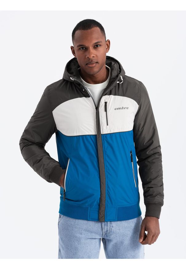 Ombre Clothing - Kolorowa lekka męska kurtka sportowa z polarem – niebiesko-grafitowa V2 - Rozmiar: M. Typ kołnierza: kołnierzyk stójkowy. Kolor: niebieski. Materiał: polar. Wzór: kolorowy. Styl: sportowy