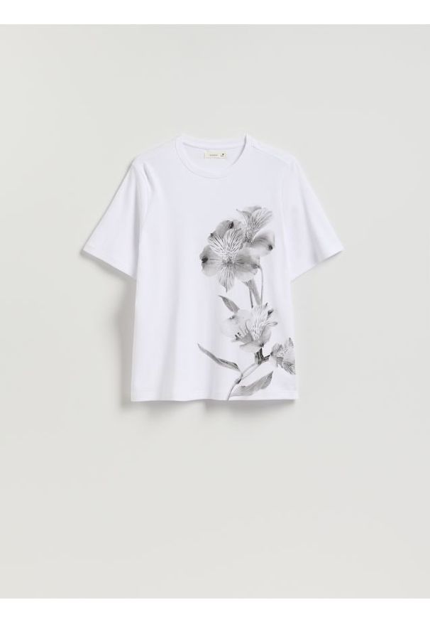 Reserved - Bawełniany t-shirt z nadrukiem - biały. Kolor: biały. Materiał: bawełna. Wzór: nadruk