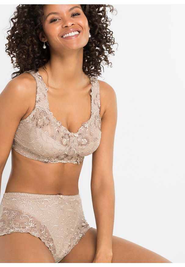 bonprix - Biustonosz odciążający bez fiszbinów z wyściełanymi ramiączkami. Kolor: beżowy. Rodzaj stanika: różne sposoby noszenia, wyściełane miseczki. Wzór: haft