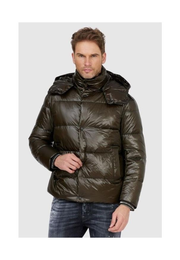 Emporio Armani - EMPORIO ARMANI Ciemnozielona puchowa kurtka męska, Rozmiar 48. Kolor: zielony. Materiał: puch
