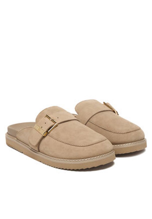 TOMMY HILFIGER - Tommy Hilfiger Klapki Th Buckle Fur Suede Mule FW0FW09083 Beżowy. Kolor: beżowy. Materiał: zamsz, skóra