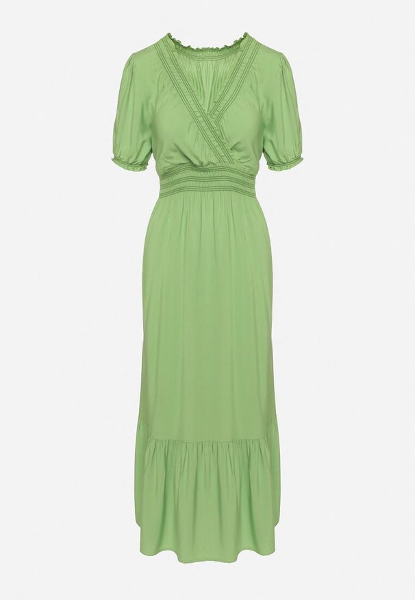 Born2be - Jasnozielona Bawełniana Sukienka z Kopertowym Dekoltem w Stylu Boho Rissasie. Okazja: na co dzień. Kolor: zielony. Materiał: bawełna. Typ sukienki: kopertowe. Styl: boho