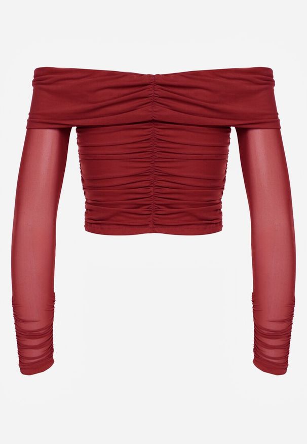 Renee - Bordowa Drapowana Bluzka VICES z Odkrytymi Ramionami i Siateczkowymi Rękawami Atevite. Okazja: na co dzień. Kolor: czerwony. Materiał: jeans. Styl: casual