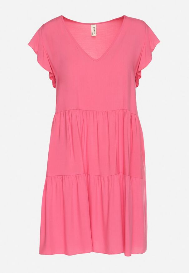 Born2be - Różowa Rozkloszowana Sukienka z Bawełny Ozdobiona Falbankami Natiriane. Okazja: na co dzień. Typ kołnierza: kołnierz z falbankami. Kolor: różowy. Materiał: bawełna. Wzór: aplikacja. Sezon: wiosna, lato. Styl: casual, elegancki