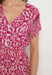 Born2be - Fioletowa Bawełniana Sukienka z Guzikami i Ornamentnym Wzorem Zisselle. Kolor: fioletowy. Materiał: bawełna #6