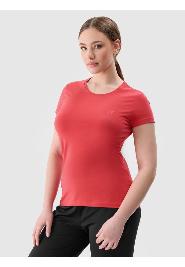 4f - 4F T-shirt slim gładki damski - czerwony XS. Okazja: na co dzień. Kolor: czerwony. Materiał: jersey, elastan, dzianina, bawełna, materiał. Wzór: gładki. Styl: sportowy, casual