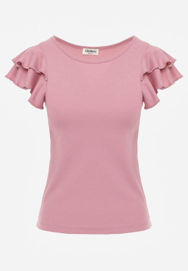 Renee - Różowa Gładka Bluzka z Bawełny z Rękawkami z Falbanek Nedaxera. Okazja: na co dzień, na randkę, na imprezę. Typ kołnierza: kołnierz z falbankami. Kolor: różowy. Materiał: bawełna. Długość rękawa: krótki rękaw. Wzór: gładki. Styl: casual