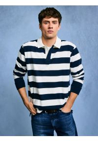 Big-Star - Koszulka męska polo z długim rękawem w pasy granatowo-białe Miker 100. Okazja: na co dzień. Typ kołnierza: polo. Kolor: biały. Materiał: bawełna, skóra. Długość rękawa: długi rękaw. Długość: długie. Wzór: paski, ze splotem. Styl: casual, elegancki, sportowy, klasyczny #3