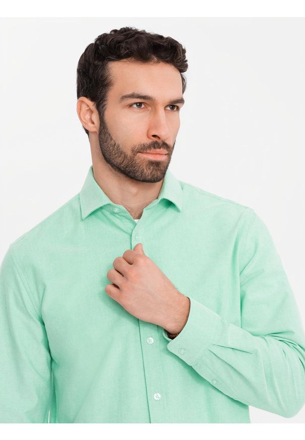 Ombre Clothing - Bawełniana pastelowa koszula męska typu oxford – miętowa V4 OM-SHOS-0183 - XXL. Kolor: miętowy. Materiał: bawełna. Wzór: ze splotem, aplikacja. Styl: klasyczny, elegancki