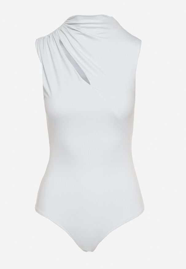 Born2be - Jasnoniebieskie Marszczone Body z Półgolfem i Ozdobnym Wycięciem Tillorisa. Okazja: na co dzień. Kolor: niebieski. Materiał: jeans. Styl: casual, elegancki