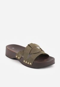 Renee - Zielone Rustykalne Klapki Typu Drewniaki z Nitami przy Podeszwie Avinore. Okazja: na co dzień. Kolor: zielony. Materiał: denim, zamsz, len. Wzór: haft, paski. Sezon: lato. Styl: casual, boho #4