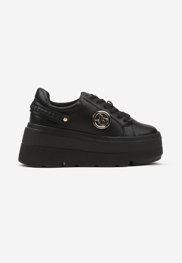 Renee - Czarne Sneakersy Vices na Platformie Ozdobione Metaliczną Aplikacją Tatellia. Okazja: na co dzień. Kolor: czarny. Materiał: jeans. Wzór: aplikacja. Obcas: na platformie