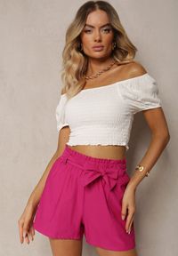 Renee - Fuksjowe Szorty Bermudy High Waist z Dodatkiem Bawełny Wiązane w Pasie Quisevia. Stan: podwyższony. Kolor: różowy. Materiał: bawełna. Sezon: lato