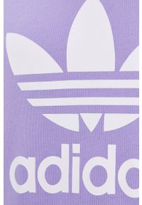 adidas Originals Bluza bawełniana damska kolor fioletowy z kapturem z nadrukiem. Typ kołnierza: kaptur. Kolor: fioletowy. Materiał: bawełna. Wzór: nadruk #2