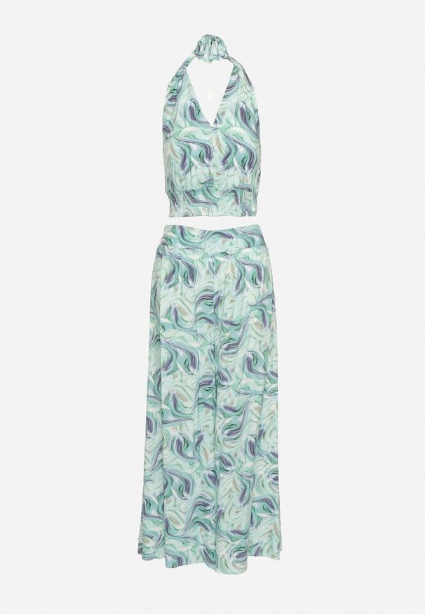 Born2be - Zielony Bawełniany Komplet Top na Ramiączkach z Gumką w Talii Szerokie Spodnie Palazzo Hoadia. Kolor: zielony. Materiał: bawełna