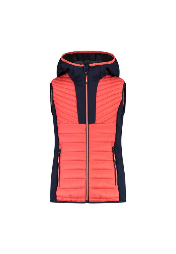 Dziewczęca kurtka bez rękawów z kapturem CMP. Typ kołnierza: kaptur. Kolor: czerwony, wielokolorowy, pomarańczowy. Materiał: puch. Długość rękawa: bez rękawów. Styl: młodzieżowy