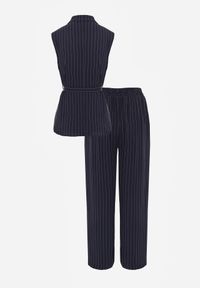 Renee - Granatowy Komplet z Wiskozy Spodnie Wide Leg i Koszula Bez Rękawów z Paskiem Adduin. Kolor: niebieski. Materiał: wiskoza #8