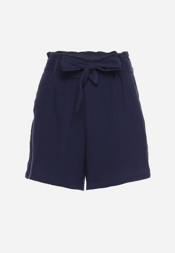 Born2be - Granatowe Szorty z Bawełny z Gumką w Pasie i Materiałowym Paskiem Fioara. Okazja: na co dzień, na spacer. Kolor: niebieski. Materiał: materiał, bawełna. Długość: krótkie. Sezon: lato. Styl: casual, elegancki