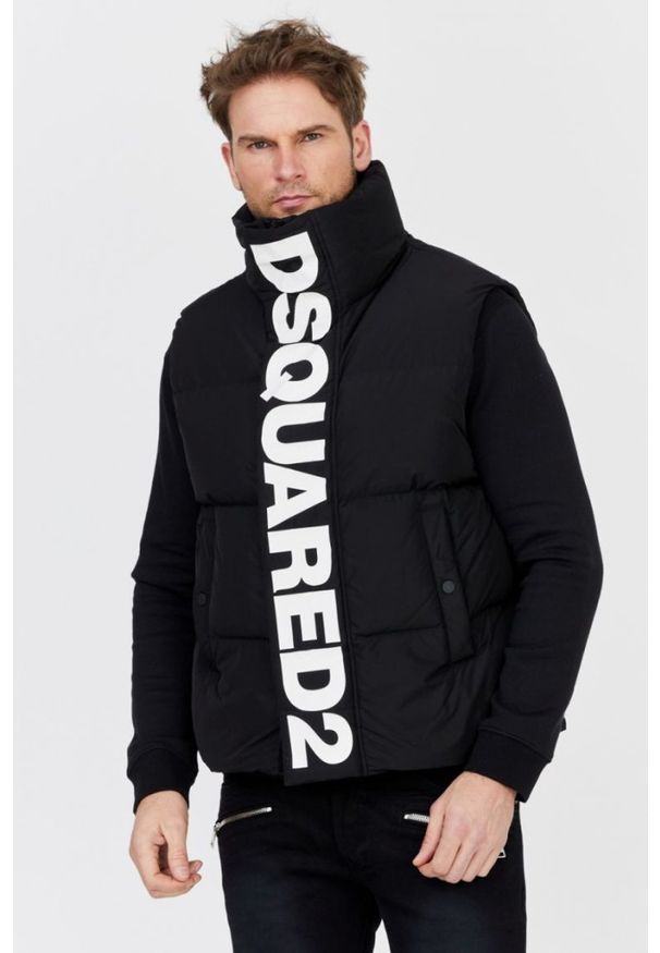 DSQUARED2 Czarny męski puchowy bezrękawnik z dużym logo, Rozmiar 52. Kolor: czarny. Materiał: puch. Długość rękawa: bez rękawów