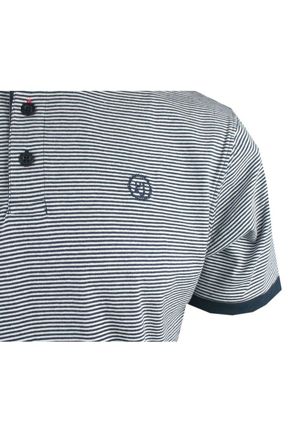 Męski T-Shirt (Koszulka) z Dekoltem na Guziki - Pako Jeans - Granat w Prążek. Okazja: na co dzień. Kolor: niebieski. Materiał: bawełna. Wzór: paski, prążki. Styl: casual