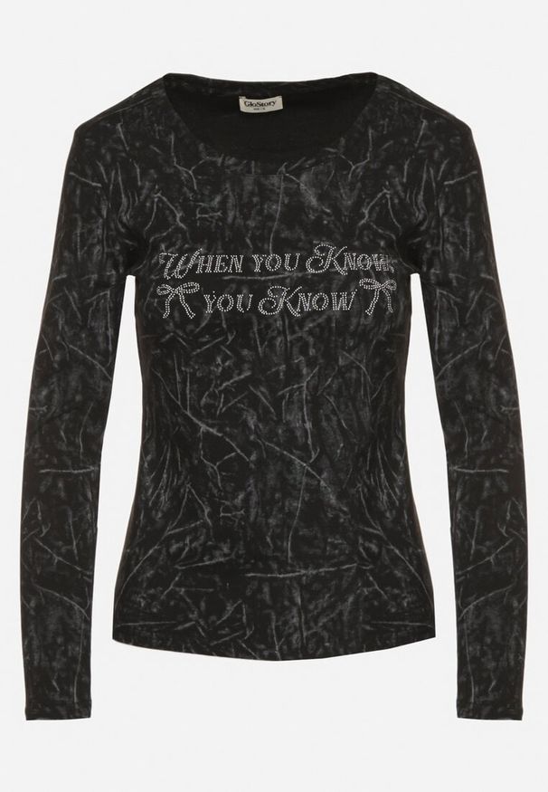 Born2be - Czarna Bluzka Typu Longsleeve z Geometrycznym Wzorem Unila. Okazja: na co dzień, do pracy, na spotkanie biznesowe. Kolor: czarny. Materiał: jeans. Długość rękawa: długi rękaw. Wzór: geometria. Styl: biznesowy, casual