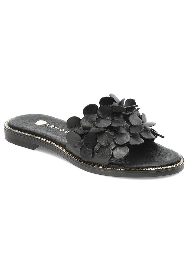 Czarne Klapki Armodo Eleganckie Obuwie Damskie. Okazja: na co dzień, na spacer. Kolor: czarny. Materiał: skóra. Wzór: kwiaty, aplikacja. Sezon: lato. Styl: elegancki