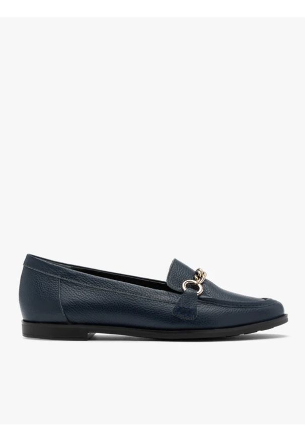 Ryłko - Granatowe mokasyny na płaskiej podeszwie. Nosek buta: okrągły. Kolor: niebieski. Materiał: skóra. Obcas: na płaskiej podeszwie. Styl: street