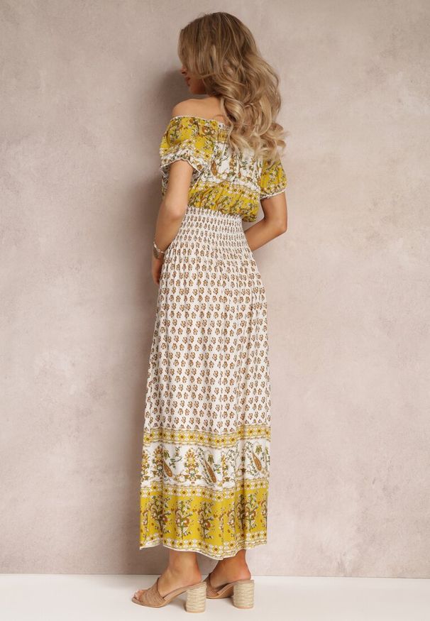 Renee - Żółta Sukienka Hiszpanka Maxi z Gumką w Pasie z Bawełny Eilena. Typ kołnierza: dekolt hiszpanka. Kolor: żółty. Materiał: bawełna. Długość rękawa: krótki rękaw. Długość: maxi