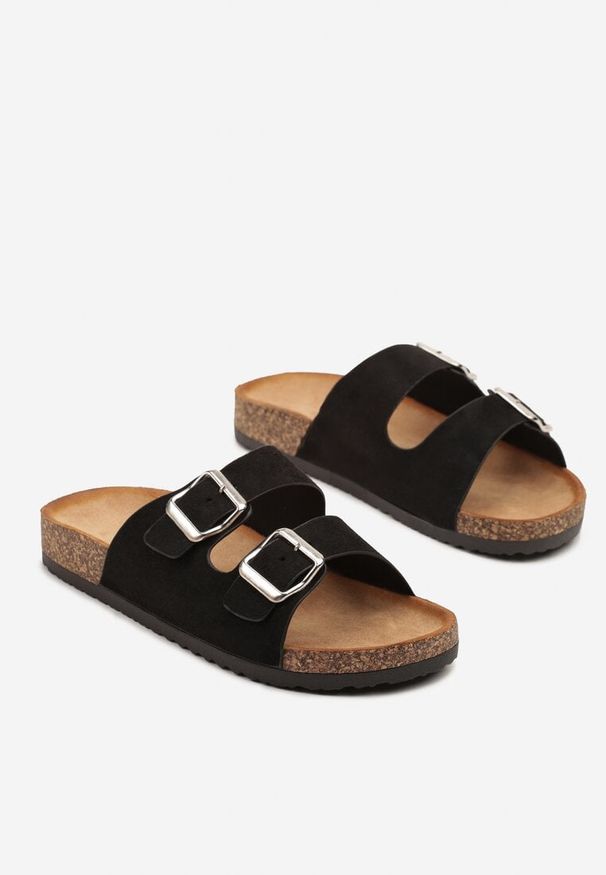 Born2be - Czarne Klapki na Grubej Korkowej Podeszwie z Dwoma Paskami Ivelimi. Okazja: na co dzień. Kolor: czarny. Materiał: skóra. Styl: elegancki, casual