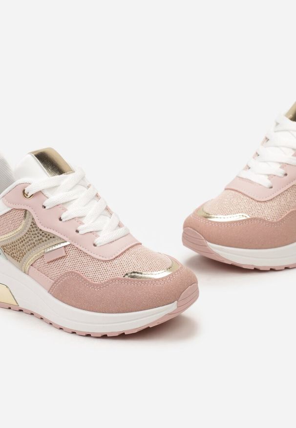 Renee - Różowe Sneakersy z Brokatem Cyrkoniami i Metalicznymi Wstawkami Zephramis. Kolor: różowy. Materiał: dresówka